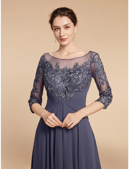 Wholesa  A-Line Mother of the Bride Dress Elegant V Neck Floor Length Chiffon Lace 3/4 Length Sleeve with Ruffles Appliques