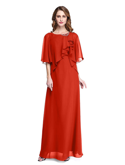 wholesale Sheath / Column Mother of the Bride Dress Elegant Open Back Jewel Neck Floor Length Chiffon Half Sleeve with Pleats Beading Ruffle