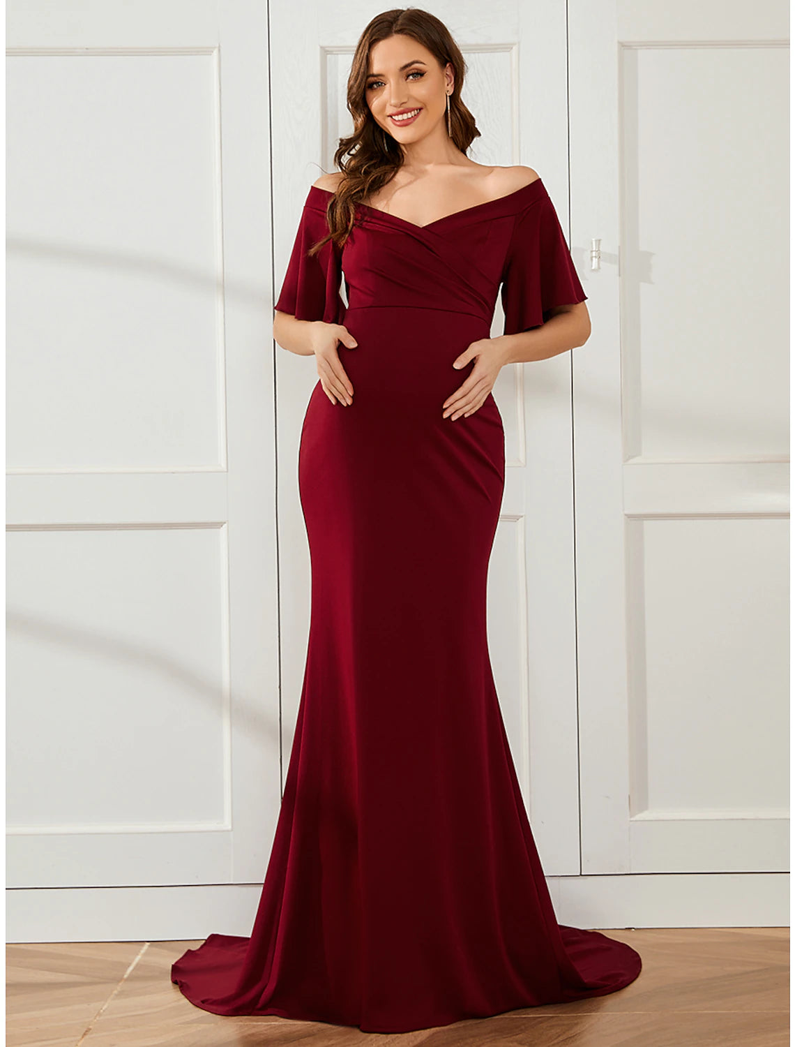 Wholesa Mermaid / Trumpet Maternity Dresses Maternity Dress Formal Wedding Party Court Train Short Sleeve Off Shoulder Stretch Fabric with Ruched Pure Color