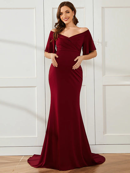 Wholesale Mermaid / Trumpet Maternity Dresses Maternity Dress Formal Court Train Short Sleeve Off Shoulder Stretch Fabric with Ruched Pure Color