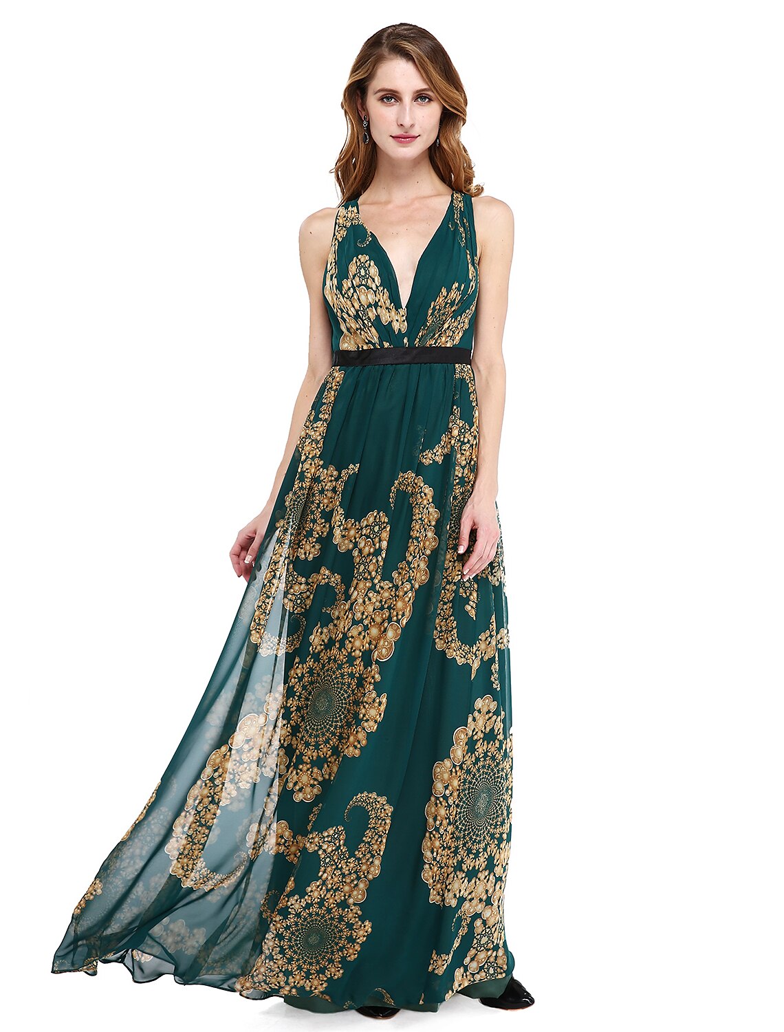 Wholesa A-Line Mother of the Bride Dress Floral Open Back V Neck Floor Length Chiffon Sleeveless No with Sash / Ribbon