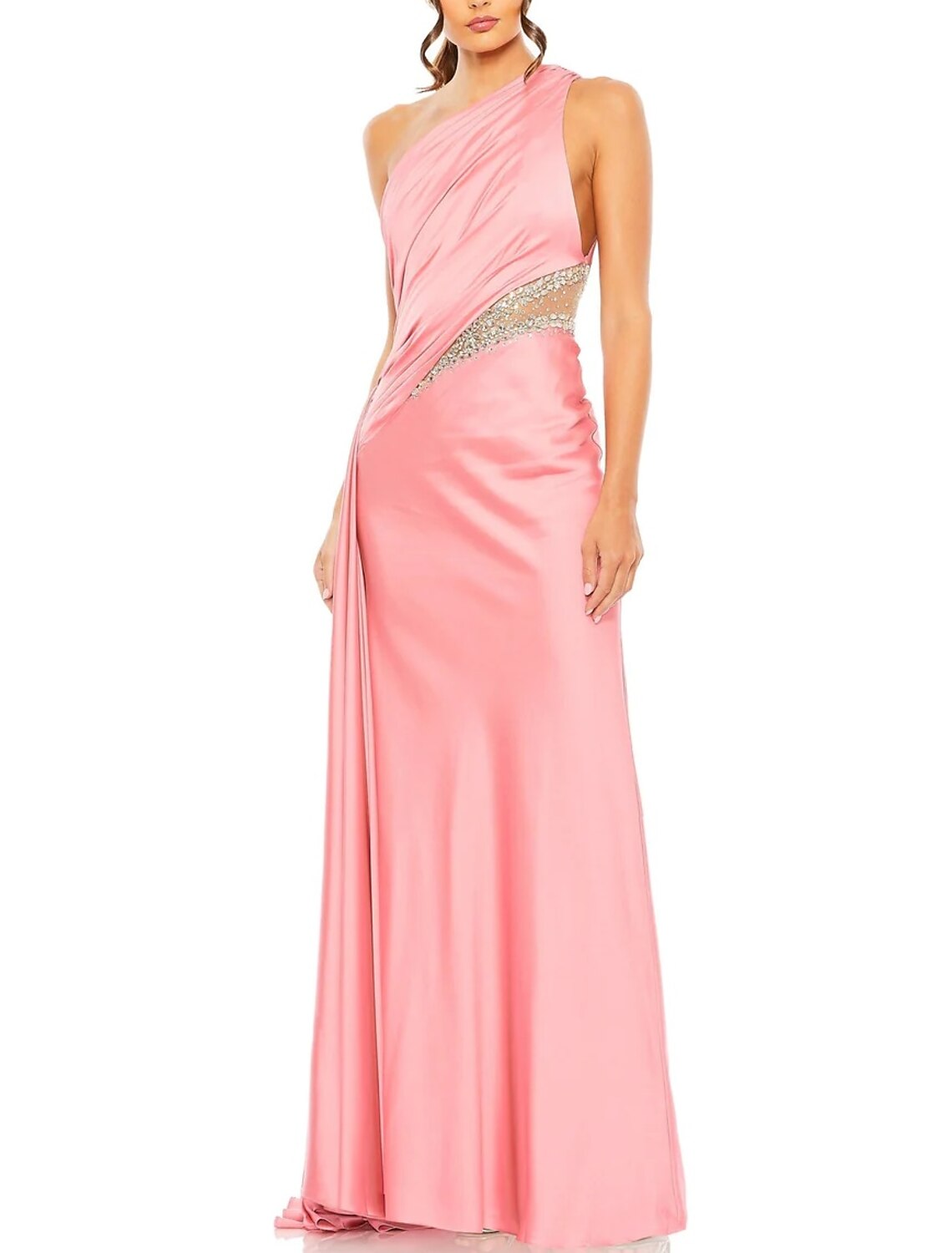 Wholesa A-Line Evening Gown Elegant Dress Formal Floor Length Sleeveless One Shoulder Satin with Glitter Ruched Sequin