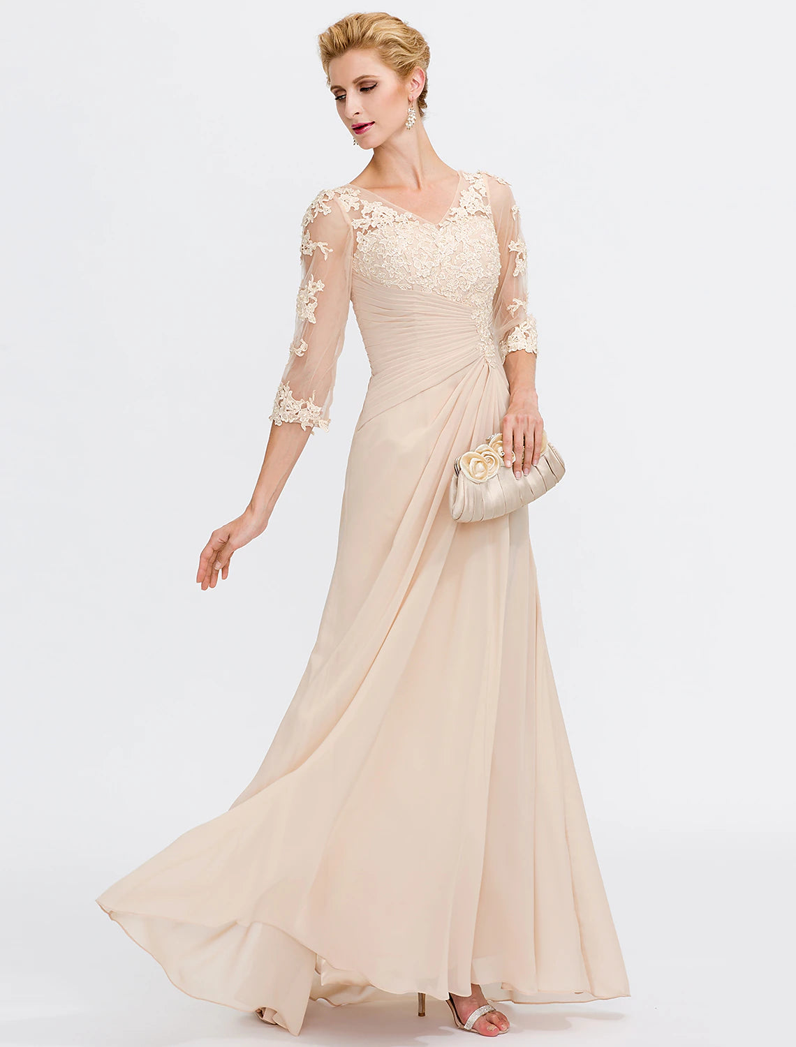 Wholesa A-Line Mother of the Bride Dress Fall Wedding Guest Dresses Plus Size Elegant See Through V Neck Floor Length Chiffon Half Sleeve with Appliques Side Draping