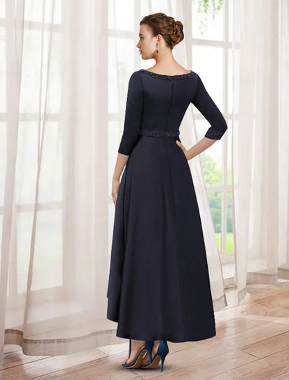 Wholesa A-Line Mother of the Bride Dress Elegant High Low V Neck Asymmetrical Tea Length Satin Half Sleeve with Beading