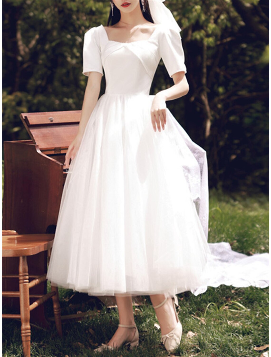 Wholesa Reception Little White Dresses Wedding Dresses A-Line Square Neck Short Sleeve Tea Length Satin Bridal Gowns With Pearls