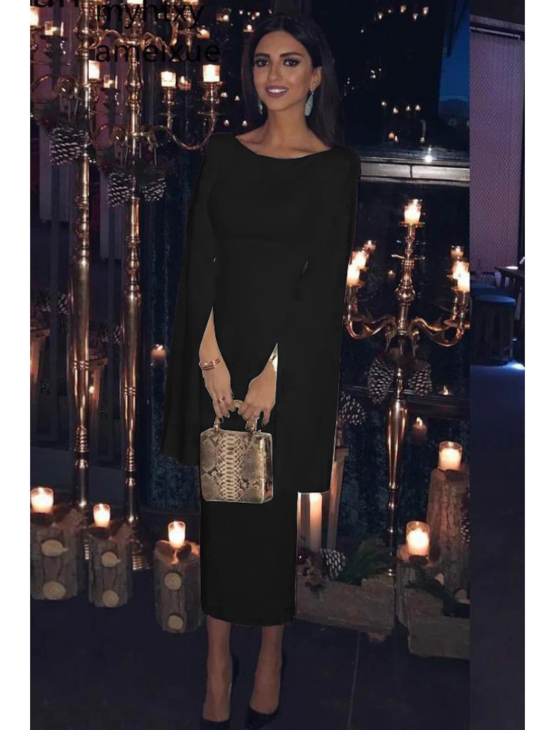 Wholesa  Sheath / Column Wedding Guest Dresses Open Back Dress Party Wear Wedding Party Tea Length Long Sleeve Jewel Neck Fall Wedding Reception Satin Backless with Pure Color