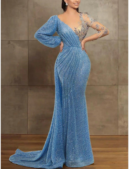 Aimishang Mermaid / Trumpet Evening Gown Elegant Formal Dress Red Green Dress Long Sleeve Sequined Long Prom Dress with Pleats