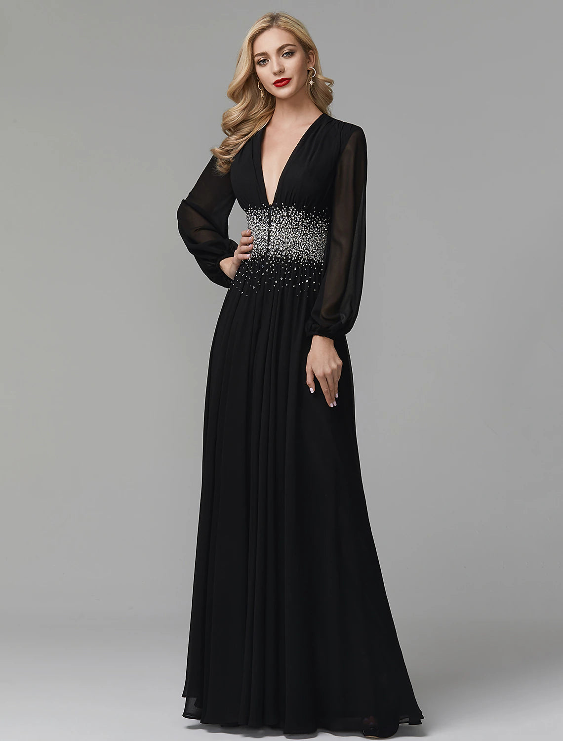 Wholesa A-Line Evening Dress Celebrity Red Carpet Formal Gown Party Dress Black Tie Wedding Guest Floor Length Long Sleeve V Neck Chiffon with Sequin