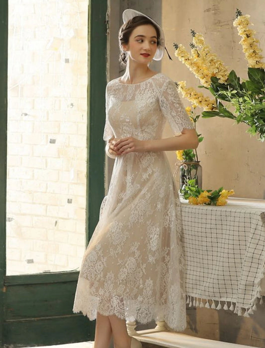 Wholesale Reception Fall Wedding Dresses Little White Dresses in Color A-Line Illusion Neck Half Sleeve Tea Length Lace Bridal Gowns With Sash / Ribbon Appliques Summer Party