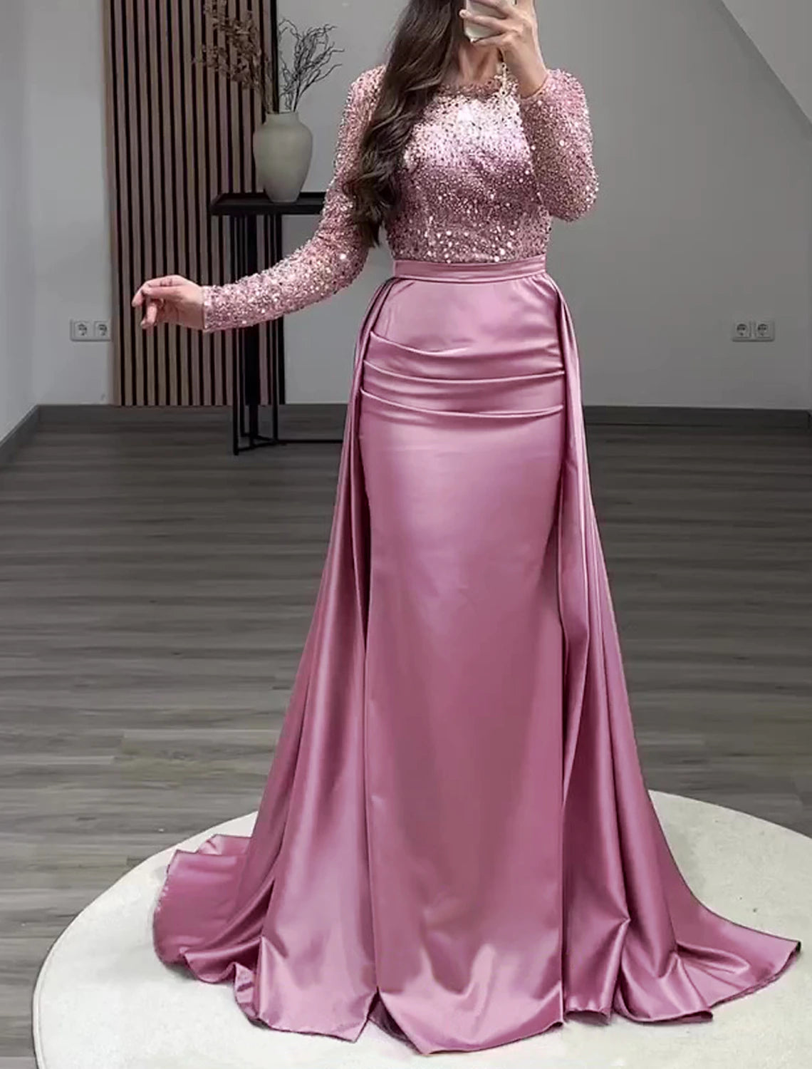 Wholesa Mermaid Sequin Evening Gown Ruched Satin Dress Long Sleeves Floor Length Sparkle Illusion Neck Prom Wedding Guest Dress with Pearls Overskirt