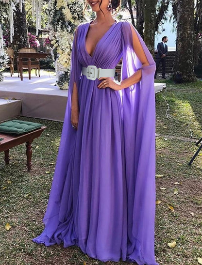 Aimishang A-Line Wedding Guest Dresses Maxi Dress Wedding Party Dress Black Tie Floor Length Long Sleeve V Neck Fall Wedding Guest Chiffon with Belt