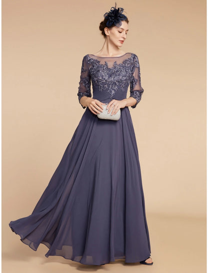 Wholesa A-Line Mother of the Bride Dress Wedding Guest Elegant Scoop Neck Floor Length Chiffon Lace 3/4 Length Sleeve with Ruching Solid Color