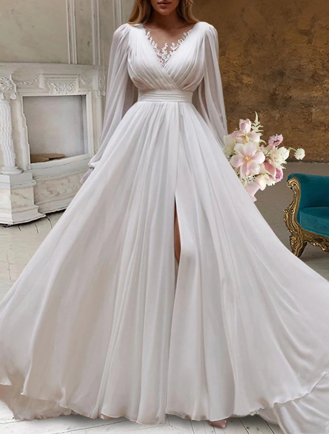 Wholesa Bridal Shower Little White Dresses Wedding Dresses A-Line Scoop Neck Long Sleeve Sweep / Brush Train Chiffon Bridal Gowns With Pleats Appliques