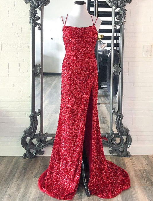 wholesale  Mermaid / Trumpet Prom Dresses Sparkle & Shine Dress Party Wear Floor Length Sleeveless Spaghetti Strap Sequined with Sequin Slit