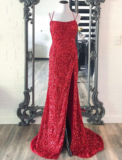 Wholesa  Mermaid / Trumpet Prom Dresses Sparkle & Shine Dress Wedding Guest Party Wear Floor Length Sleeveless Spaghetti Strap Sequined with Sequin Slit