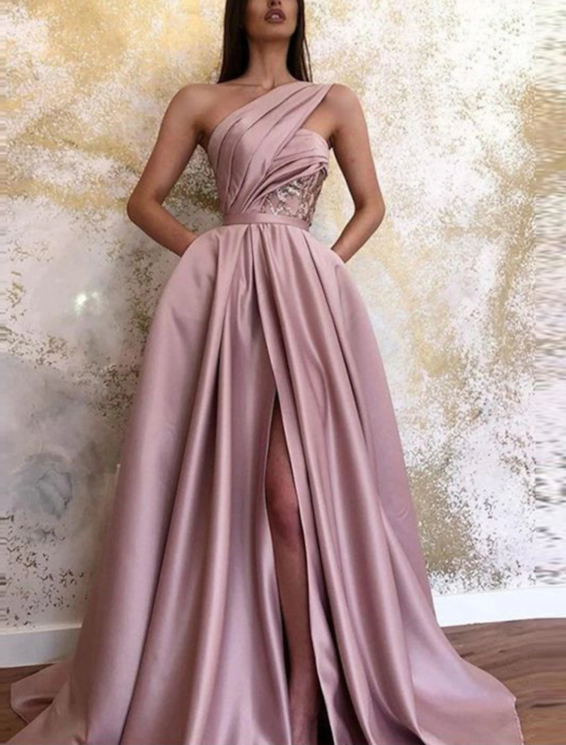 Wholesa A-Line Evening Gown Celebrity Style Dress Formal Wedding Guest Floor Length Sleeveless One Shoulder Satin with Ruched Slit