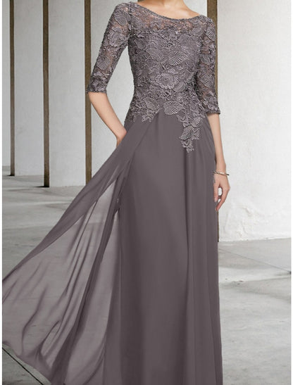 Wholesa A-Line Mother of the Bride Dress Wedding Guest Elegant Scoop Neck Floor Length Chiffon Lace Half Sleeve with Ruching Solid Color