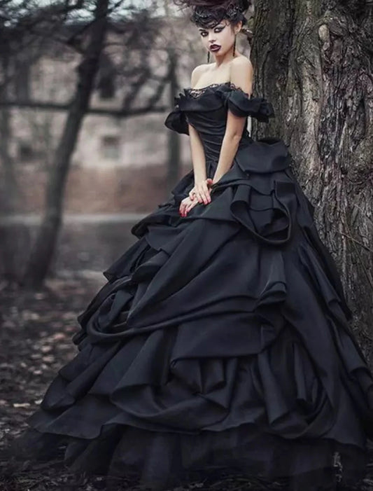 Wholesale Engagement Gothic Black Wedding Dresses Formal Fall Ball Gown Off Shoulder Cap Sleeve Court Train Satin Bridal Gowns With Lace Ruched Summer Halloween Wedding Party