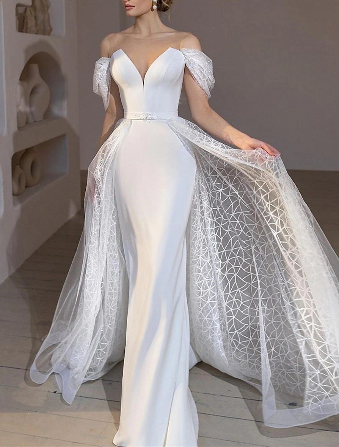 Wholesa Beach Glitter & Sparkle Wedding Dresses Mermaid / Trumpet Off Shoulder Cap Sleeve Court Train Satin Bridal Gowns With Solid Color