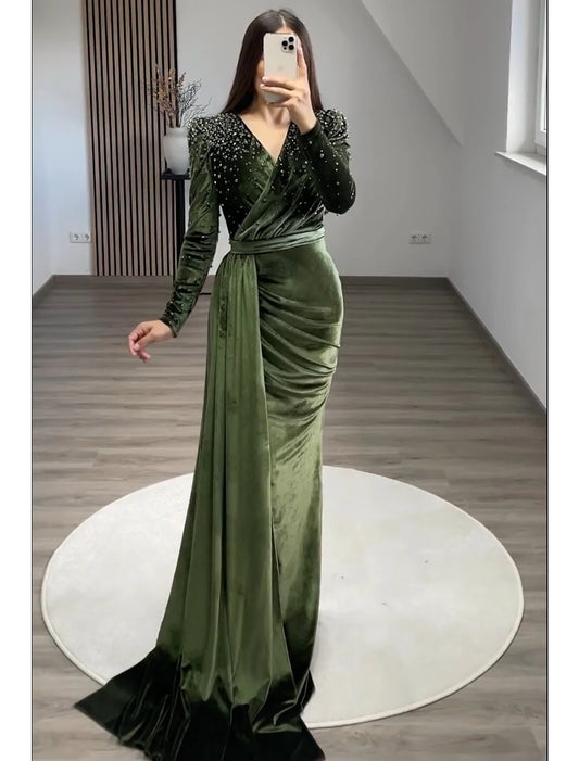 Wholesa Mermaid Party Dress Evening Gown Maxi Dress Formal Black Tie Gala Floor Length Long Sleeve V Neck Fall Wedding Guest Velvet with Ruched Pearls