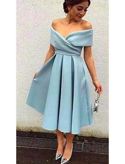 wholesale A-Line Cocktail Dresses 1950s Dress Homecoming Tea Length Short Sleeve V Neck Stretch Fabric V Back with Pleats