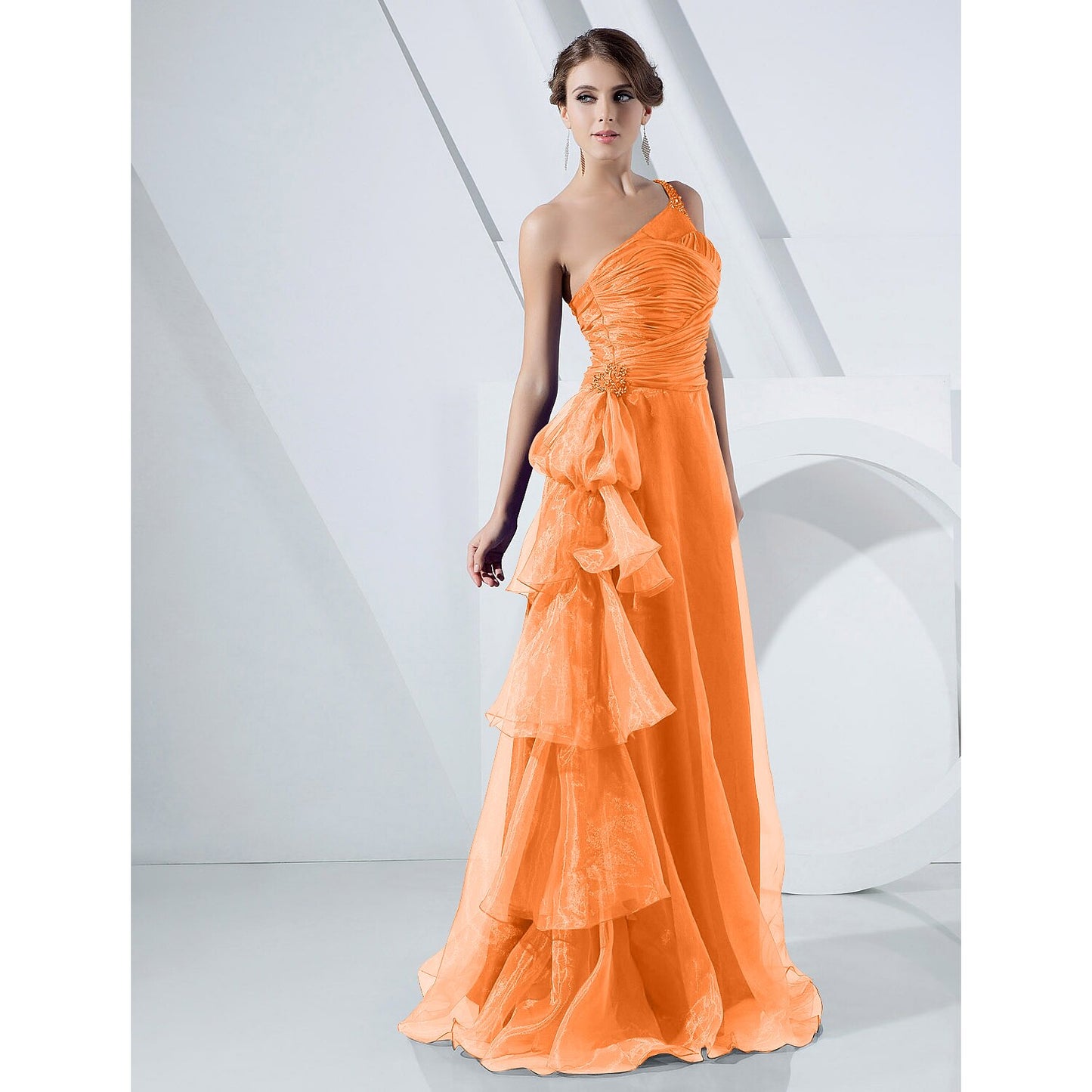 Wholesa A-Line Elegant Dress Formal Evening Military Ball Floor Length Sleeveless One Shoulder Organza with Side Draping Cascading Ruffles