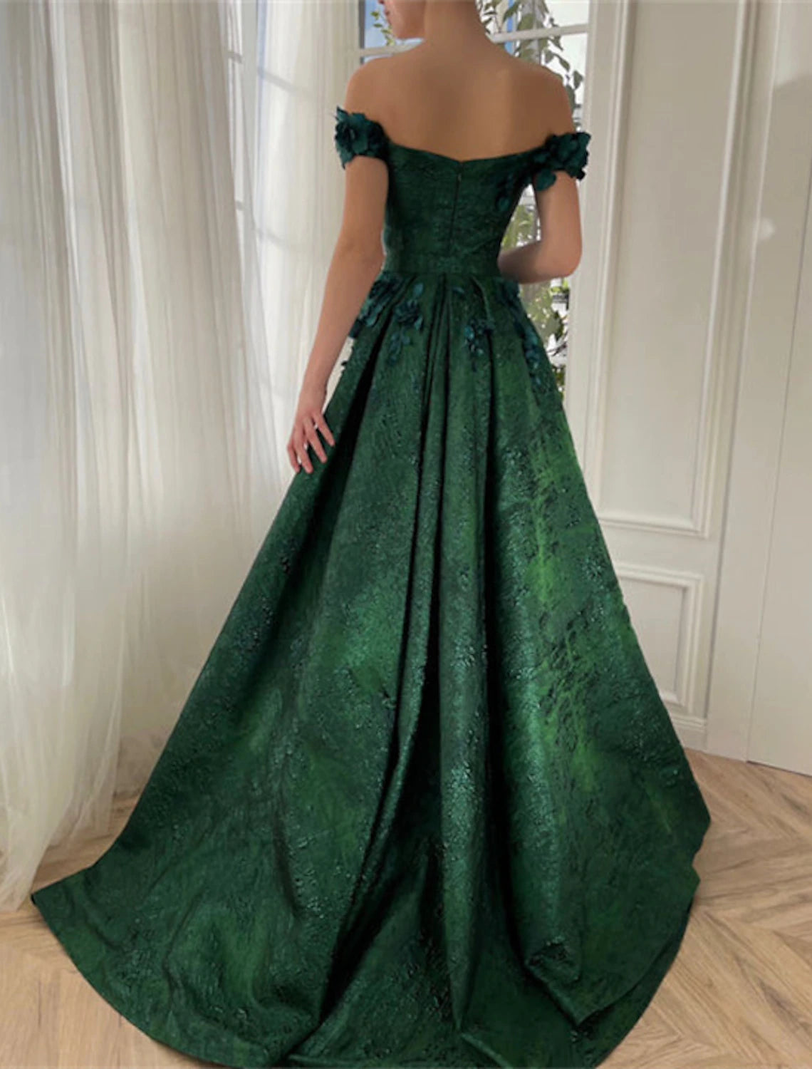 Wholesa A-Line Prom Dresses Floral Dress Wedding Guest Wedding Party Court Train Sleeveless Off Shoulder Satin with Slit Appliques