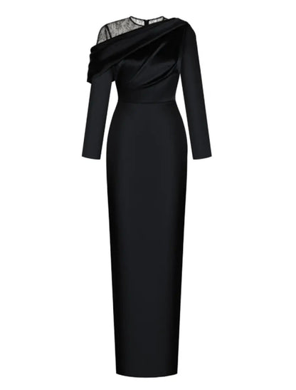 Wholesa  Sheath / Column Evening Gown Elegant Dress Formal Sweep / Brush Train Black Dress Long Sleeve Jewel Neck Satin with Ruched