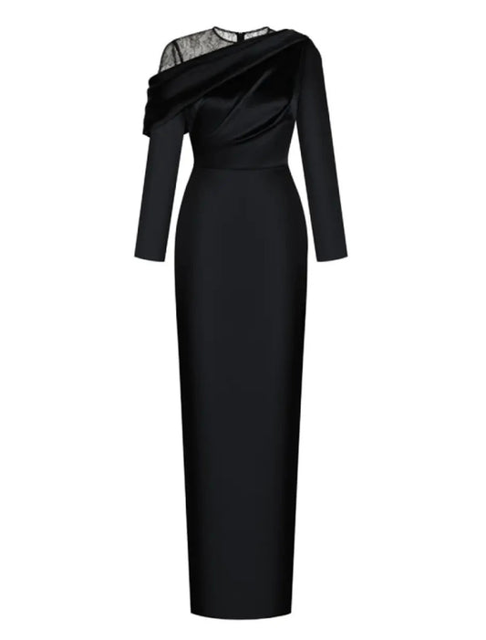 Wholesa  Sheath / Column Evening Gown Elegant Dress Formal Sweep / Brush Train Black Dress Long Sleeve Jewel Neck Satin with Ruched