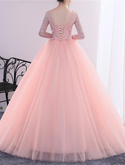 Wholesa Ball Gown Quinceanera Dresses Princess Dress Performance Quinceanera Floor Length Long Sleeve V Neck Polyester with Crystals Appliques