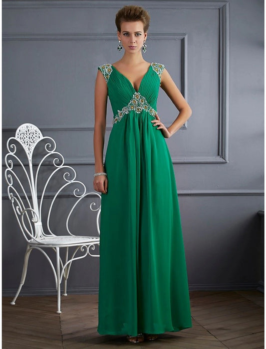 Aimishang  A-Line Evening Gown Sparkle & Shine Dress Formal Floor Length Sleeveless V Neck Chiffon with Rhinestone Ruched