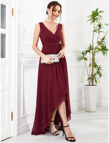 Wholesa A-Line Wedding Guest Dresses Elegant Dress Party Wear Wedding Party Asymmetrical Sleeveless V Neck Bridesmaid Dress Chiffon with Ruffles Strappy