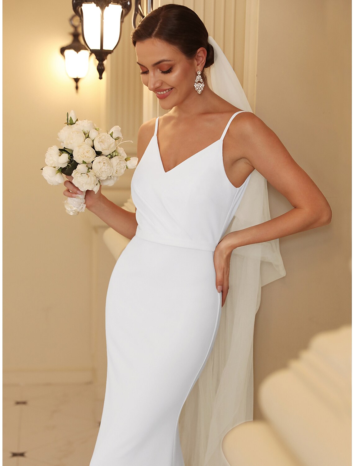 Wholesale Reception Casual Wedding Dresses Mermaid / Trumpet Camisole V Neck Spaghetti Strap Sweep / Brush Train Stretch Fabric Bridal Gowns With Ruched Draping 2023 Summer Wedding Party