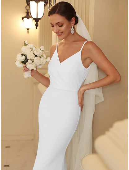 Wholesale Reception Casual Wedding Dresses Mermaid / Trumpet Camisole V Neck Spaghetti Strap Sweep / Brush Train Stretch Fabric Bridal Gowns With Ruched Draping Summer Wedding Party