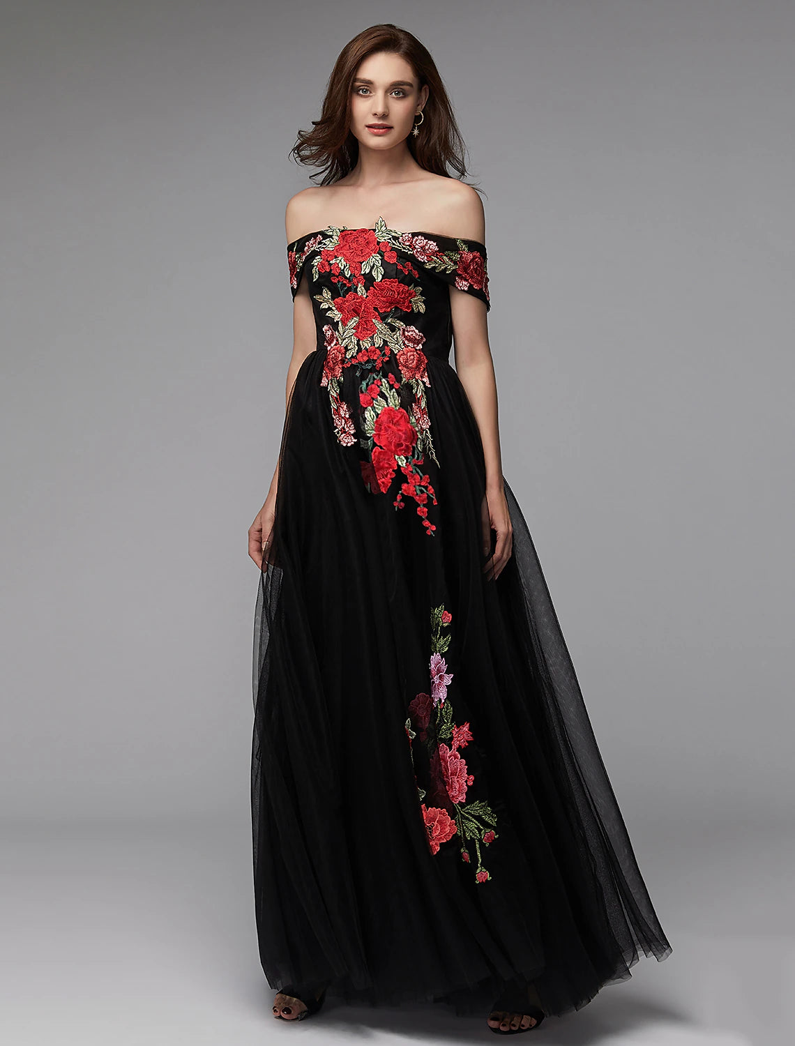 Wholesale A-Line Prom Dresses Floral Dress Wedding Guest Floor Length Sleeveless Off Shoulder Lace Over Tulle with Embroidery Appliques