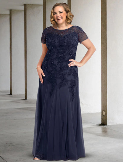 wholesale  A-Line Mother of the Bride Dress Plus Size Elegant Jewel Neck Floor Length Lace Tulle Short Sleeve with Pleats Appliques