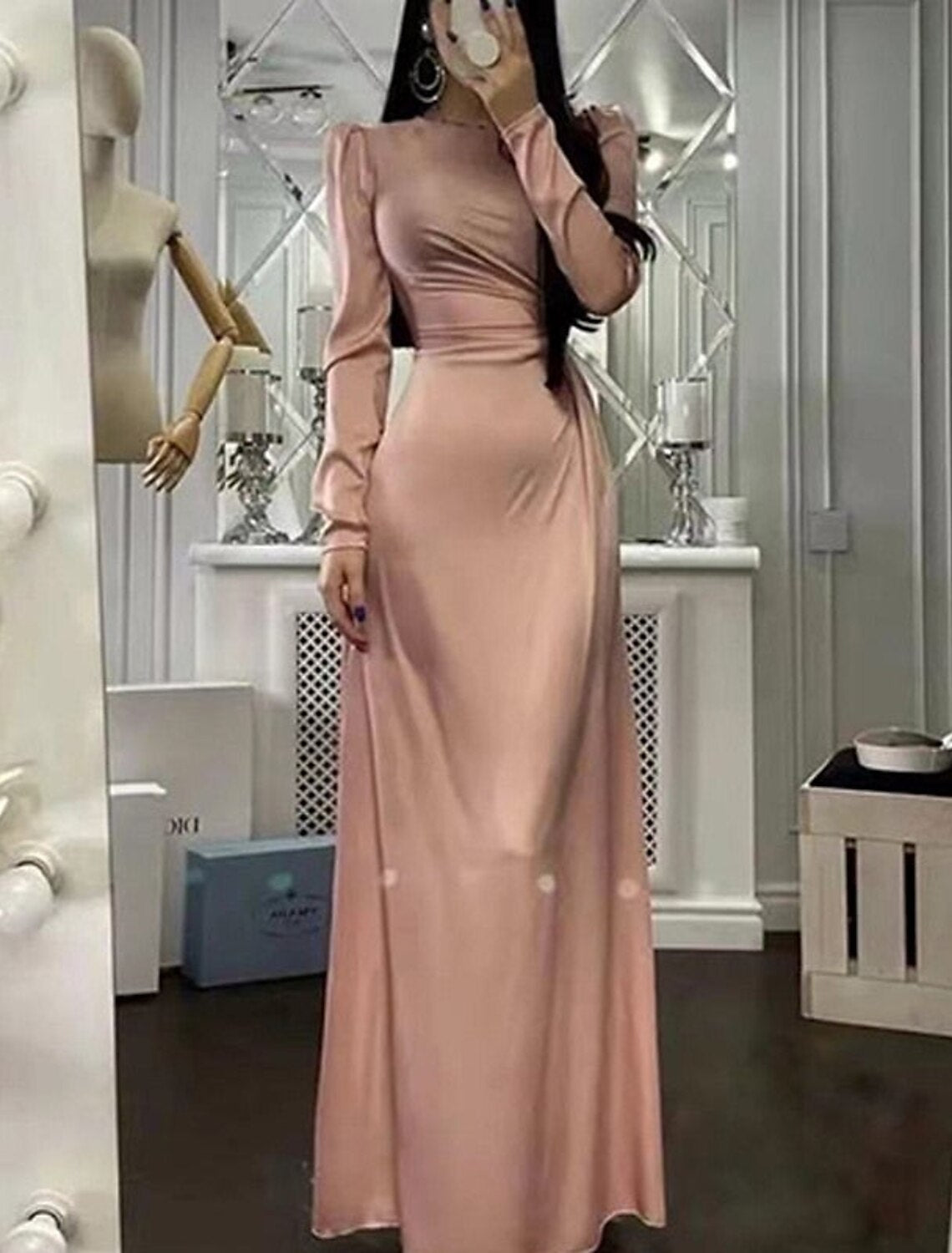 Wholesa Sheath Party Dress Evening Gown Elegant Dress Wedding Guest Fall Floor Length Long Sleeve High Neck Bridesmaid Dress Satin with Ruched