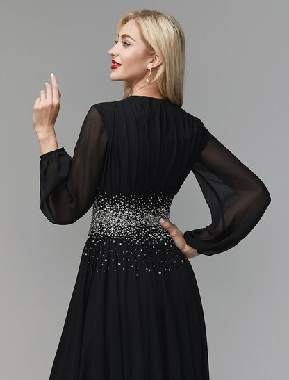 Wholesa A-Line Evening Dress Celebrity Red Carpet Formal Gown Party Dress Black Tie Wedding Guest Floor Length Long Sleeve V Neck Chiffon with Sequin