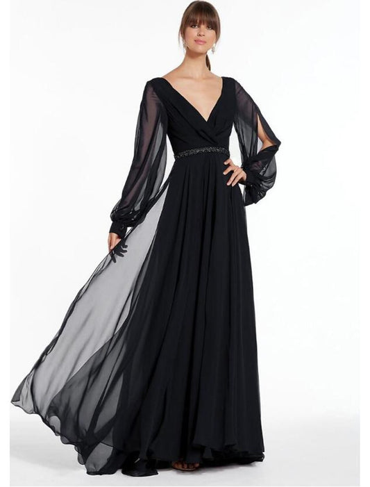 Wholesa A-Line Evening Gown Empire Dress Holiday Formal Evening Floor Length Long Sleeve V Neck Chiffon V Back with Beading