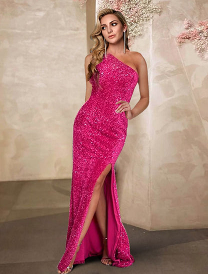 Wholesale Sexy Prom Dresses Sparkle & Shine High Split Formal Evening Dress Mermaid One Shoulder Sleeveless Sweep / Brush Train Sequined with Sequin