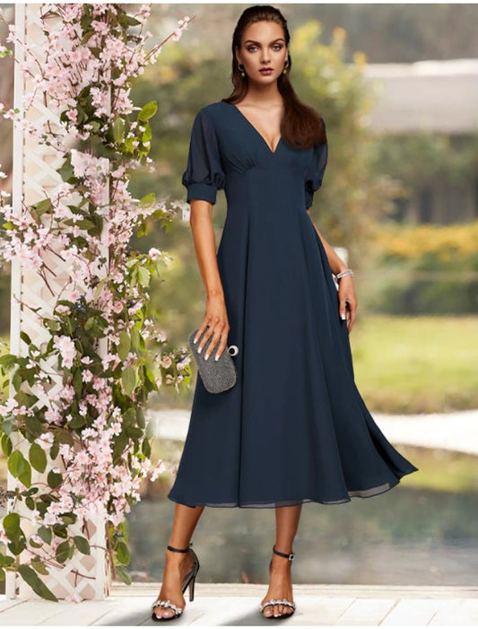 wholesale  A-Line Mother of the Bride Dress Wedding Guest Plus Size Elegant Jewel Neck Tea Length Chiffon Short Sleeve with Pleats Solid Color Fall