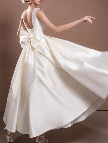 Wholesa Reception Simple Wedding Dresses Wedding Dresses A-Line Off Shoulder Cap Sleeve Tea Length Satin Bridal Gowns With Pleats Ruched