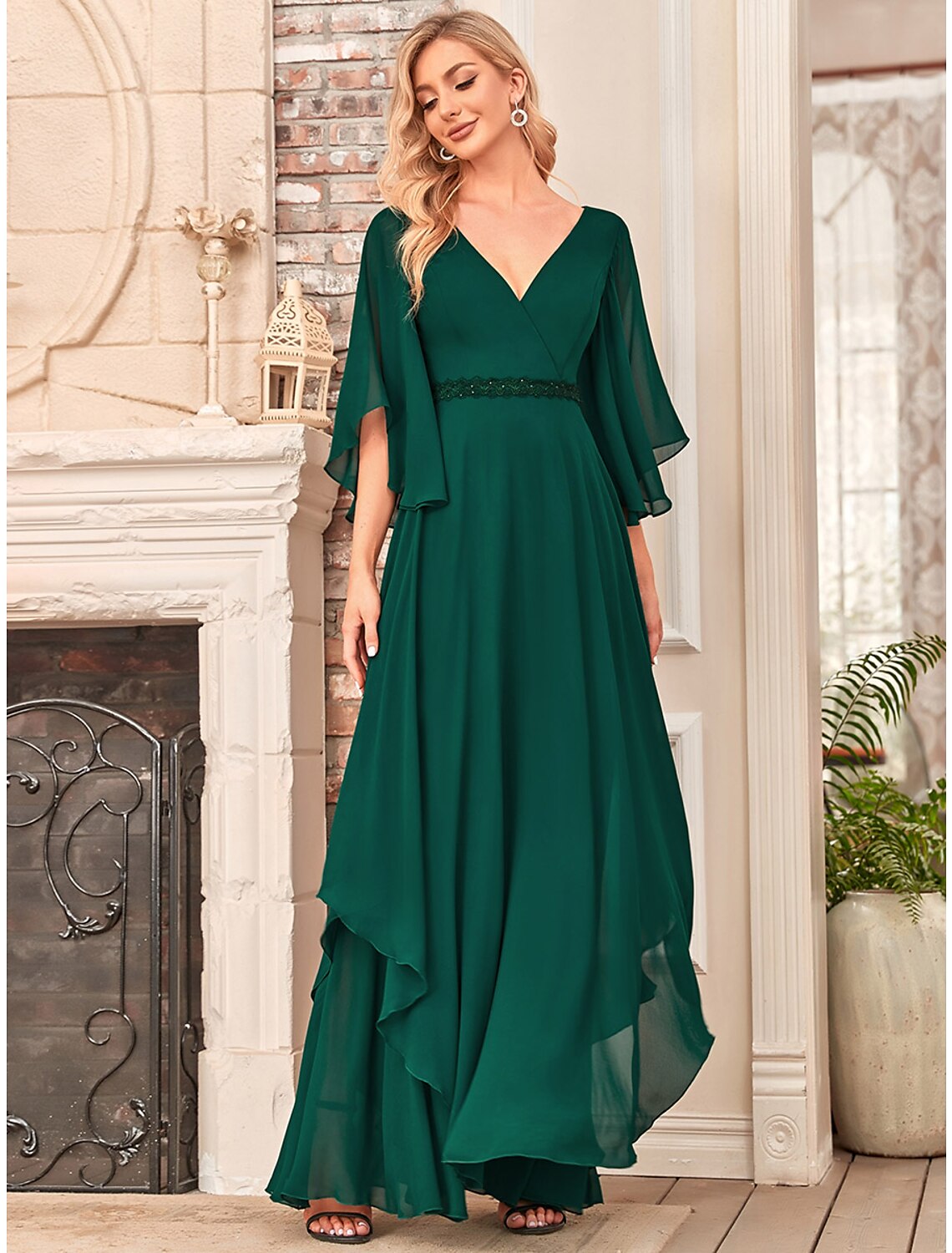 wholesale  A-Line Mother of the Bride Dress Elegant V Neck Floor Length Chiffon Half Sleeve with Sash / Ribbon