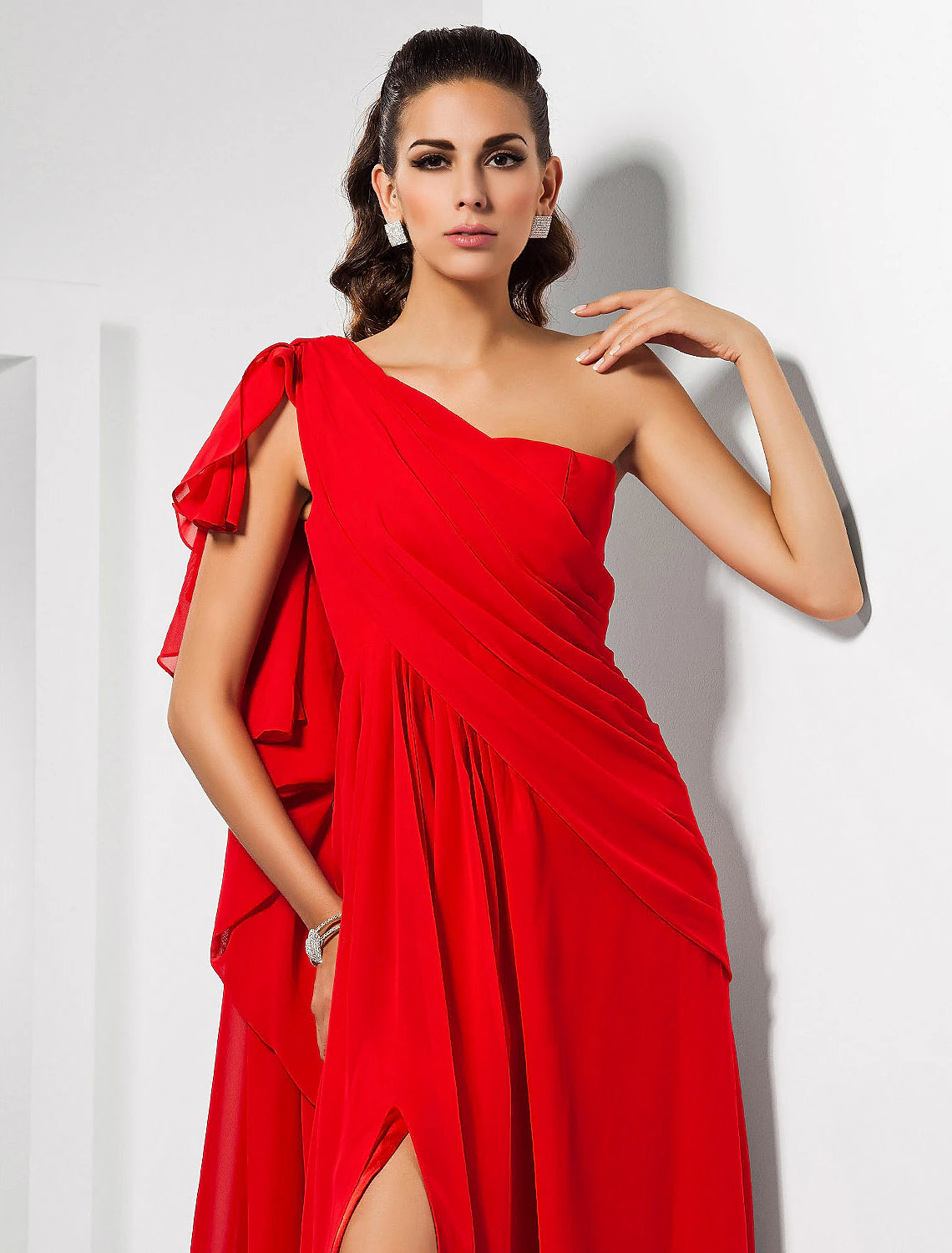 Wholesa  Sheath Christmas Red Green Dress Empire Wedding Guest Formal Evening Dress One Shoulder Sleeveless Floor Length Chiffon with Draping Slit