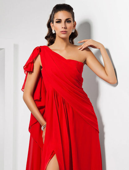 Wholesa  Sheath Christmas Red Green Dress Empire Wedding Guest Formal Evening Dress One Shoulder Sleeveless Floor Length Chiffon with Draping Slit