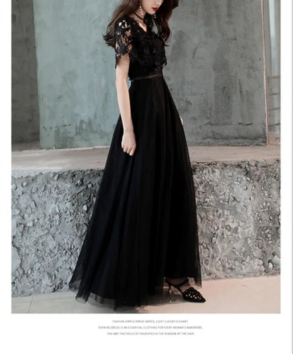 Black Lace and Tulle Long A-line Simple Evening Dress Formal Dress Prom Dress Elegant Evening Dress Wholesale