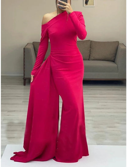 Wholesa Sheath / Column Evening Gown Elegant Dress Formal Evening Floor Length Long Sleeve One Shoulder Fall Wedding Guest Stretch Fabric with Sleek Ruched