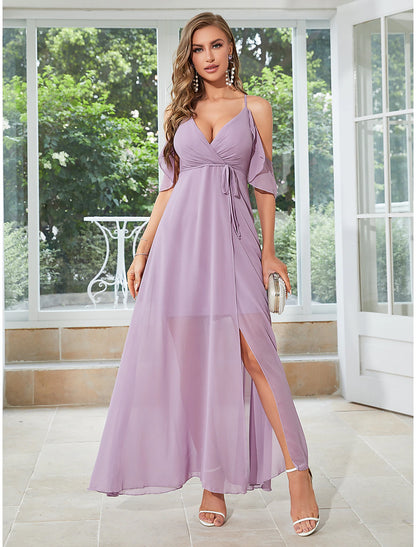 wholesale  A-Line Wedding Guest Dresses Elegant Dress Party Wear Ankle Length Sleeveless V Neck Chiffon with Ruffles Slit Strappy