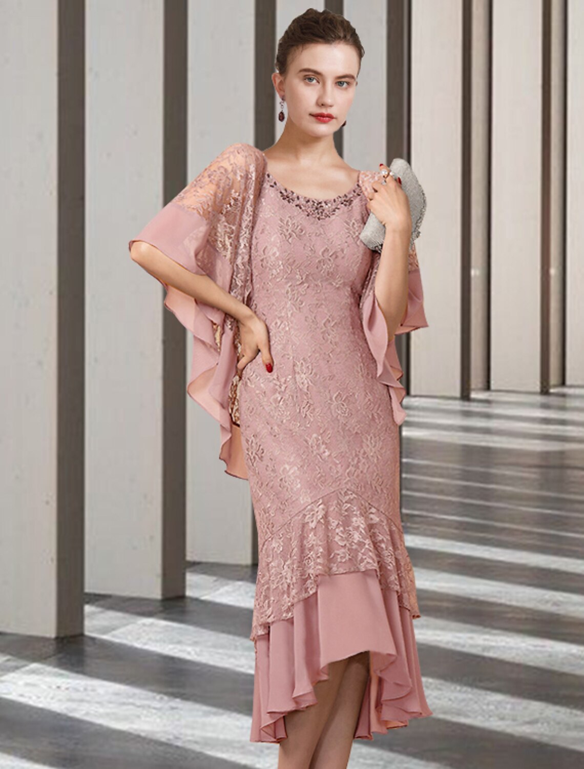 wholesale  Sheath / Column Mother of the Bride Dress Elegant High Low Jewel Neck Asymmetrical Tea Length Chiffon Lace Half Sleeve Wrap Included with Beading Ruffles Appliques