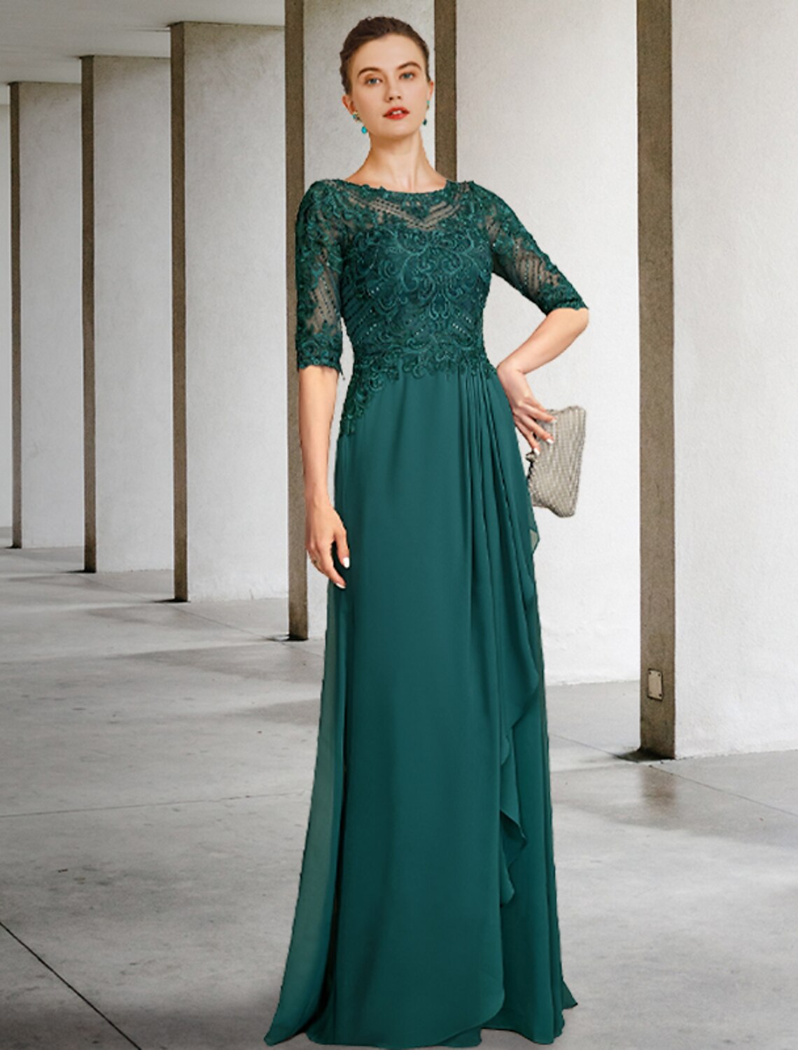 wholesale  A-Line Mother of the Bride Dress Luxurious Elegant Jewel Neck Floor Length Chiffon Lace Half Sleeve with Pleats Beading Appliques